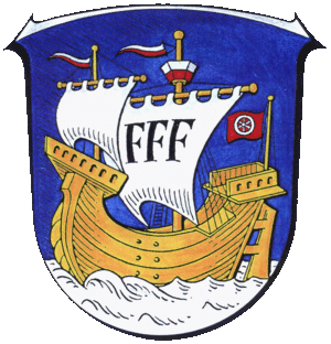 Das Fl&ouml;rsheimer Wappen nimmt Bezug auf das bis 1868 auf dem Main verkehrende Fl&ouml;rsheimer Marktschiff. Das Rad in der Heckflagge deutet auf die jahrhundertelange (1270-1803) Zugeh&ouml;rigkeit zum Mainzer Domkapitel hin. Die drei FFF im Gro&szlig;segel erinnern an die 1765 mit kurf&uuml;rstlichem Privileg er&ouml;ffnete Fl&ouml;rsheimer-Fayence-Fabrik.