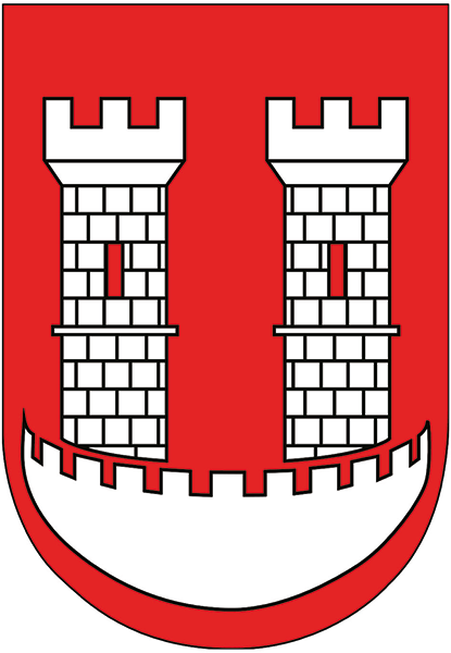 Das Wappen der Stadt Pyskowice zeigt die Stadtmauer mit zwei Wehrtürmen.