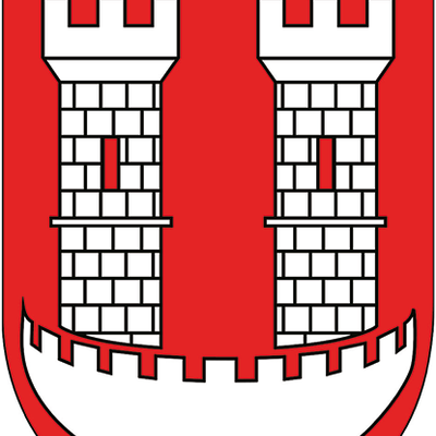 Das Wappen der Stadt Pyskowice zeigt die Stadtmauer mit zwei Wehrt&uuml;rmen.
